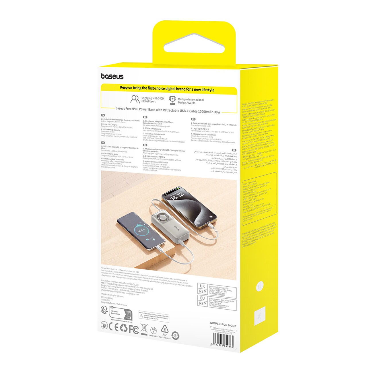 Baseus Free2Pull 10000mAh 30W powerbank med USB-C-port och utdragbar USB-C-kabel - grå, bild 5