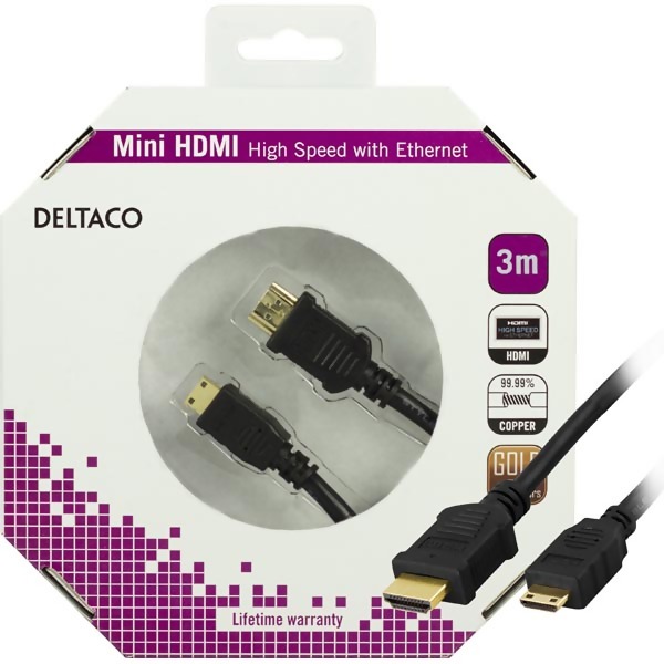 Deltaco HDMI-kabel HDMI - Mini HDMI, 4K, Ethernet, svart, 3m