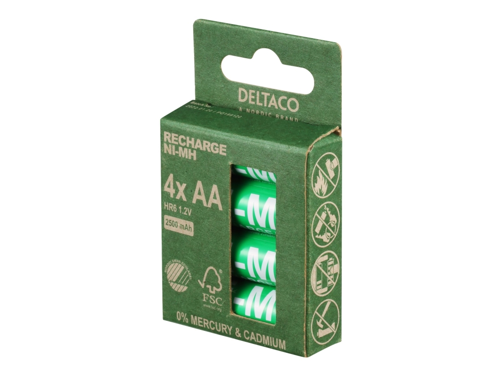 DELTACO laddbara AA-batterier, 2500mAh, Svanenmärkt, 4-pack