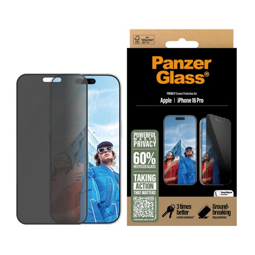 PanzerGlass iPhone 16 Pro skärmskydd Ultra-Wide Fit Privacy med applikator