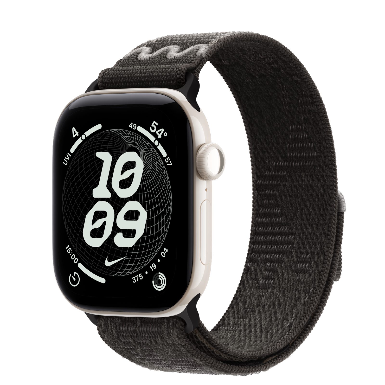 Apple Watch Series 12 (GPS + Cellular) • Keramikboett pärlvit, 42 mm • Nike-sportloop i After Dark Black