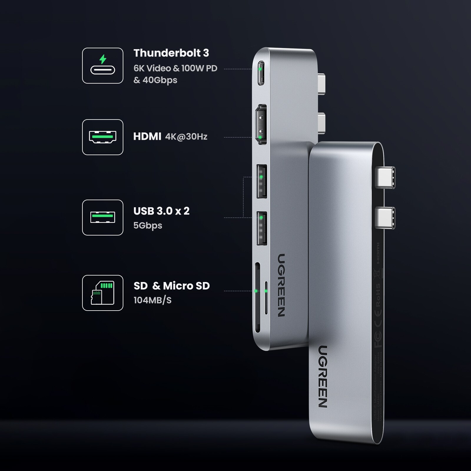 HUB Ugreen CM380 2xUSB-C – HDMI/2xUSB 3.0/SD TF/USB-C PD – grå, bild 2