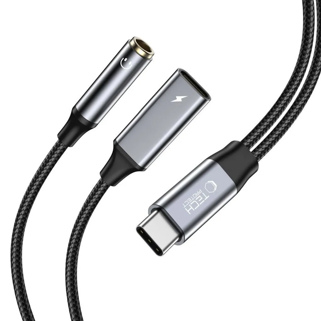 Tech-Protect USB-C PD 60W 6A till 3,5 mm AUX + USB-C (hona) Adapter - Svart