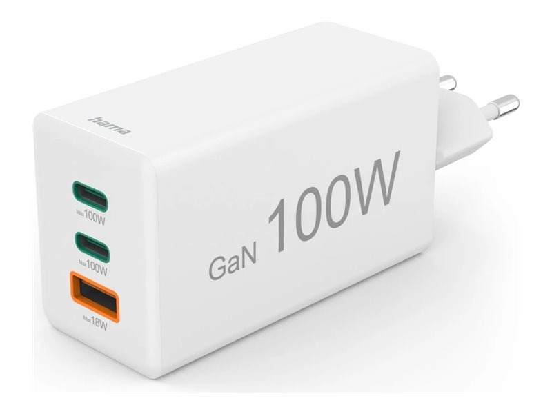 Hama - Strömadapter - GaN, 2 USB-C, USB-A, PD - AC 100-240 V - 100 Watt - utgångskontakter: 3 - vit