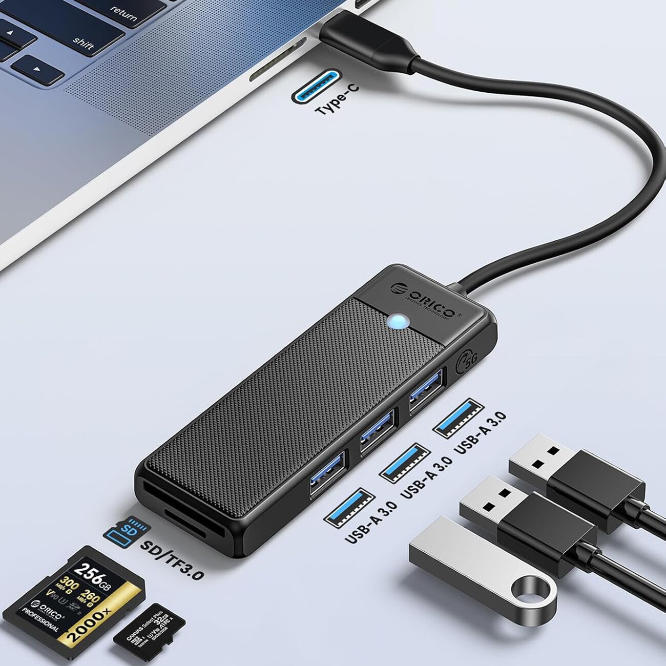 Orico PAPW3AT-C3 USB-hubb med 4 portar (3x USB-A 3.0) och microSD-/SD-kortläsare, 0,15 m – svart, bild 3