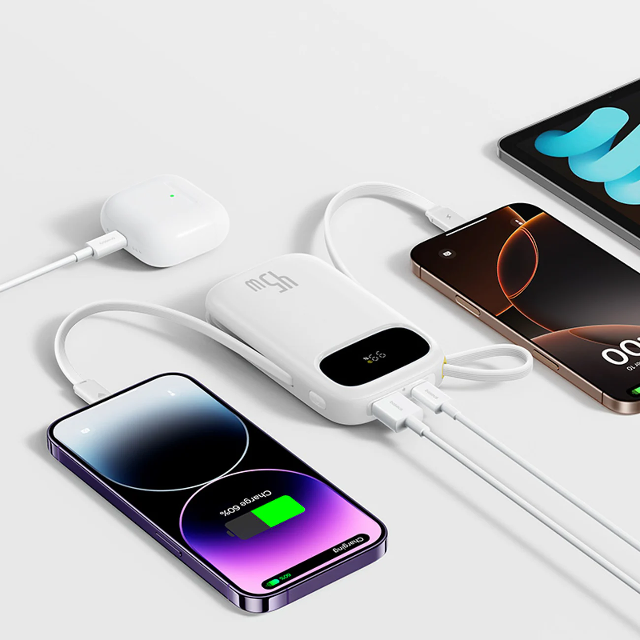 Baseus EnerFill FC31 Qpow 3 10000mAh 45W powerbank m. display & USB-C/Lightning-kablar – vit, bild 3