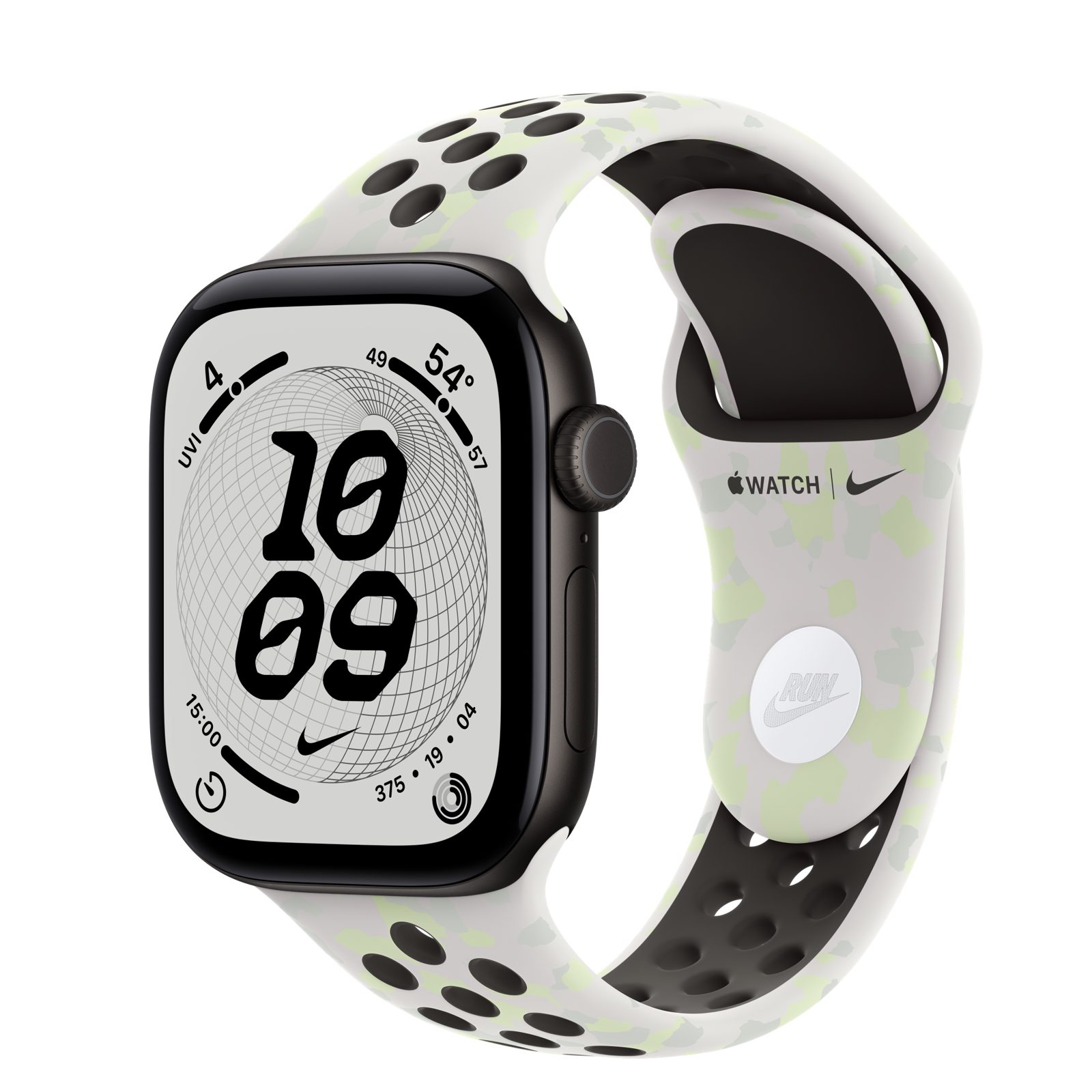 Apple Watch Series 12 (GPS) • Aluminiumboett svart, 42 mm • Nike-sportband i Essential White