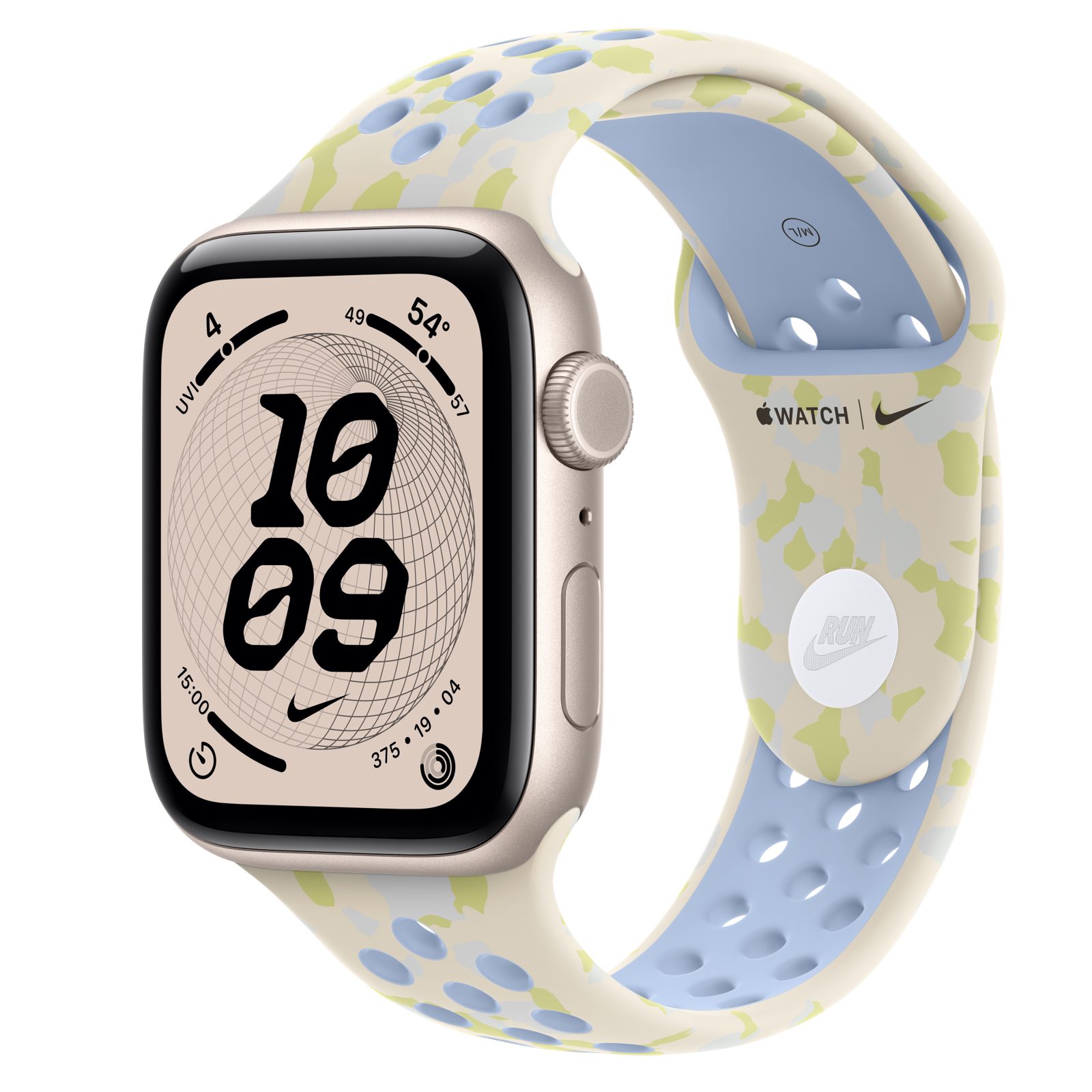 Apple Watch SE 3 (GPS + Cellular) • Aluminiumboett stjärnglans, 44 mm • Nike-sportband i Chalk Calm