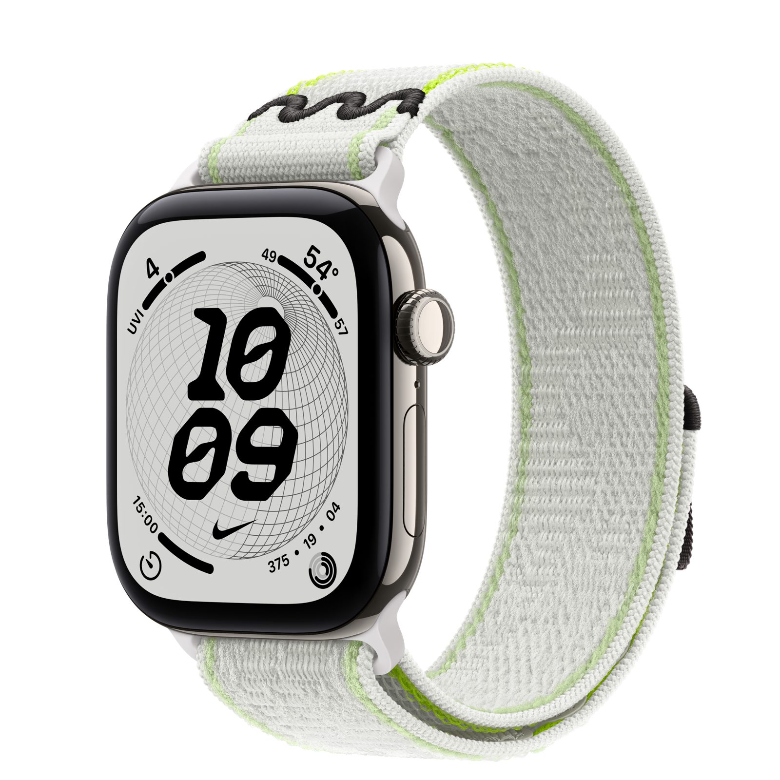 Apple Watch Series 12 (GPS + Cellular) • Titanboett naturlig, 42 mm • Nike-sportloop i Essential White