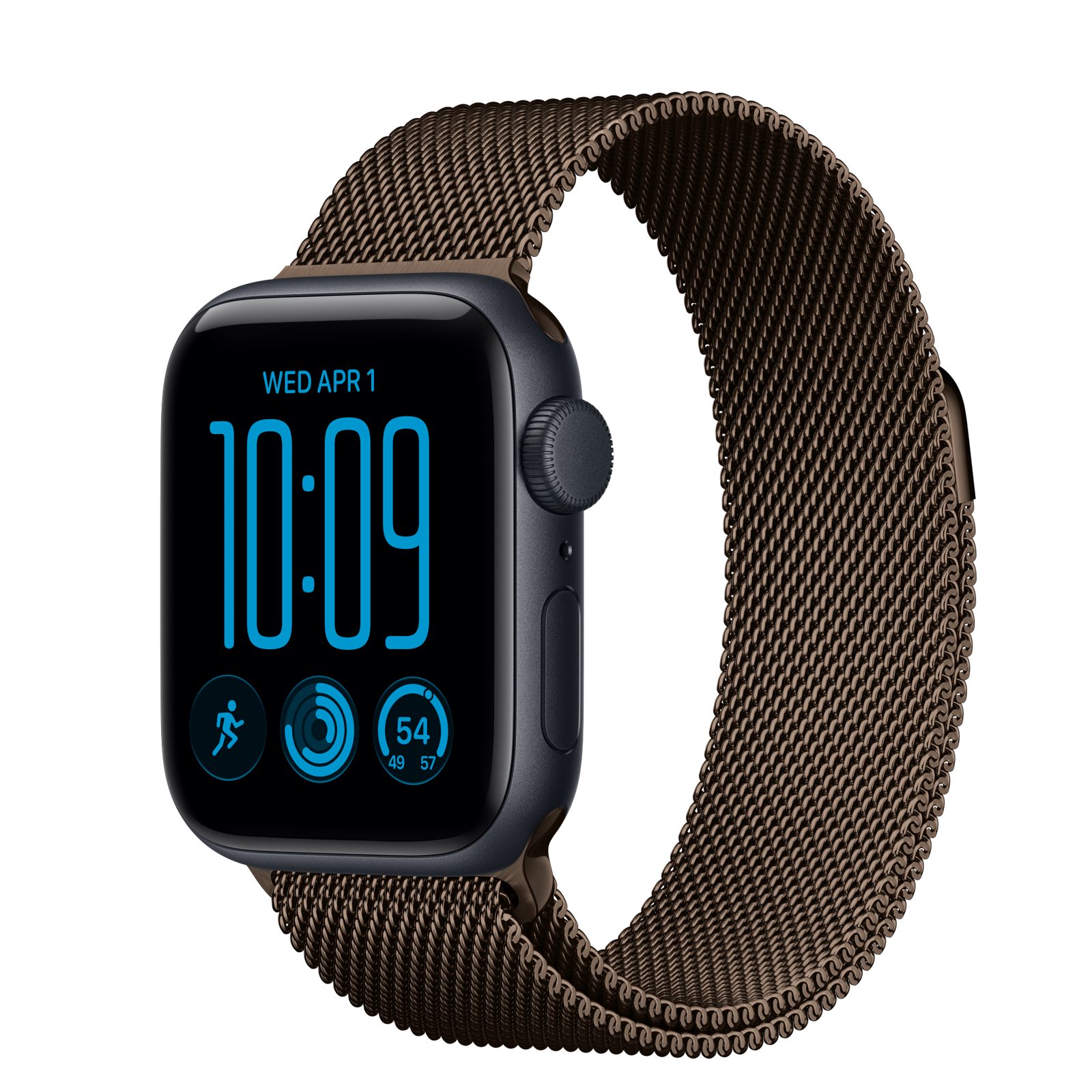 Apple Watch SE 3 (GPS) • Aluminiumboett midnatt, 40 mm • Milanesisk loop mörk brons