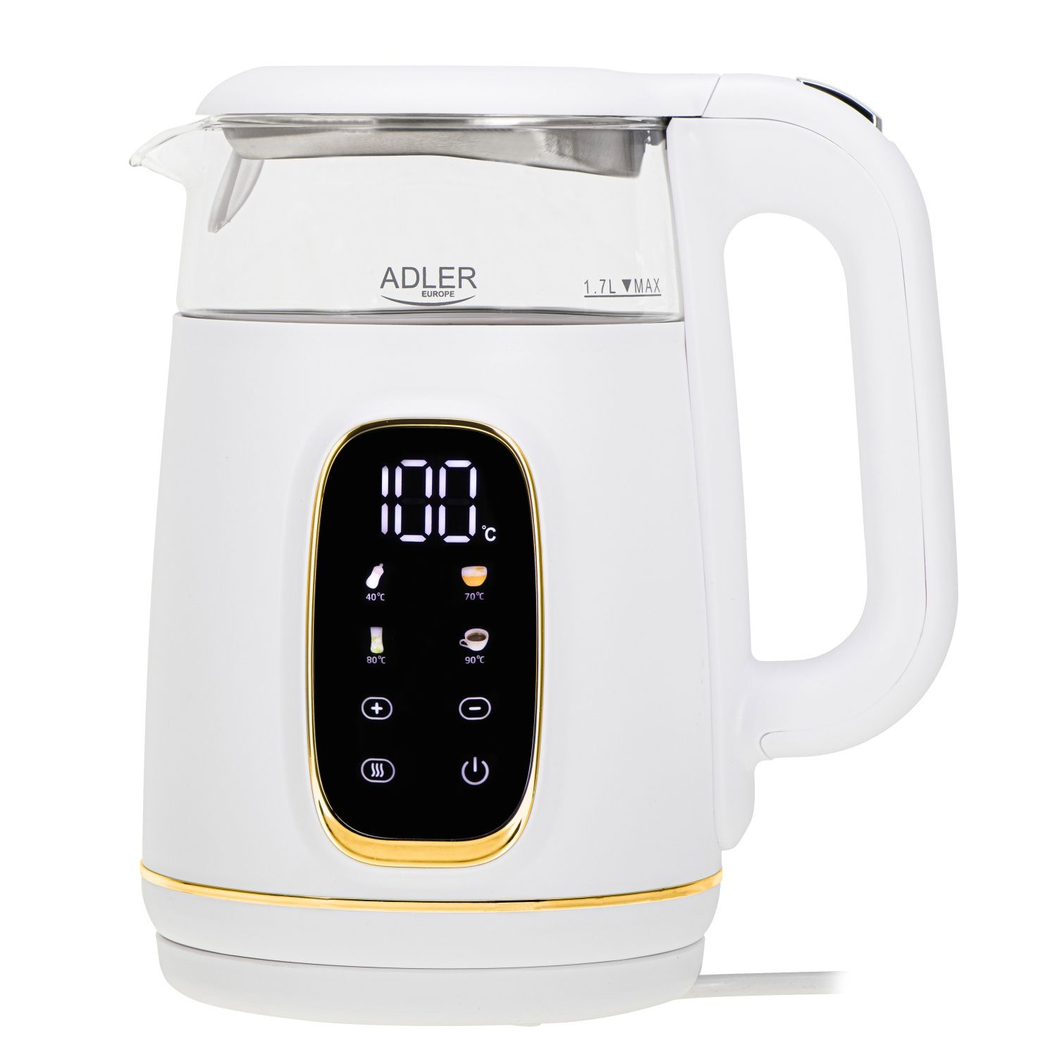 Adler AD 1305WG, 1,7 l, 2200 W, Transparent, Guld, Vit, Glas, Plast, Justerbar termostat, Vattennivå indikator