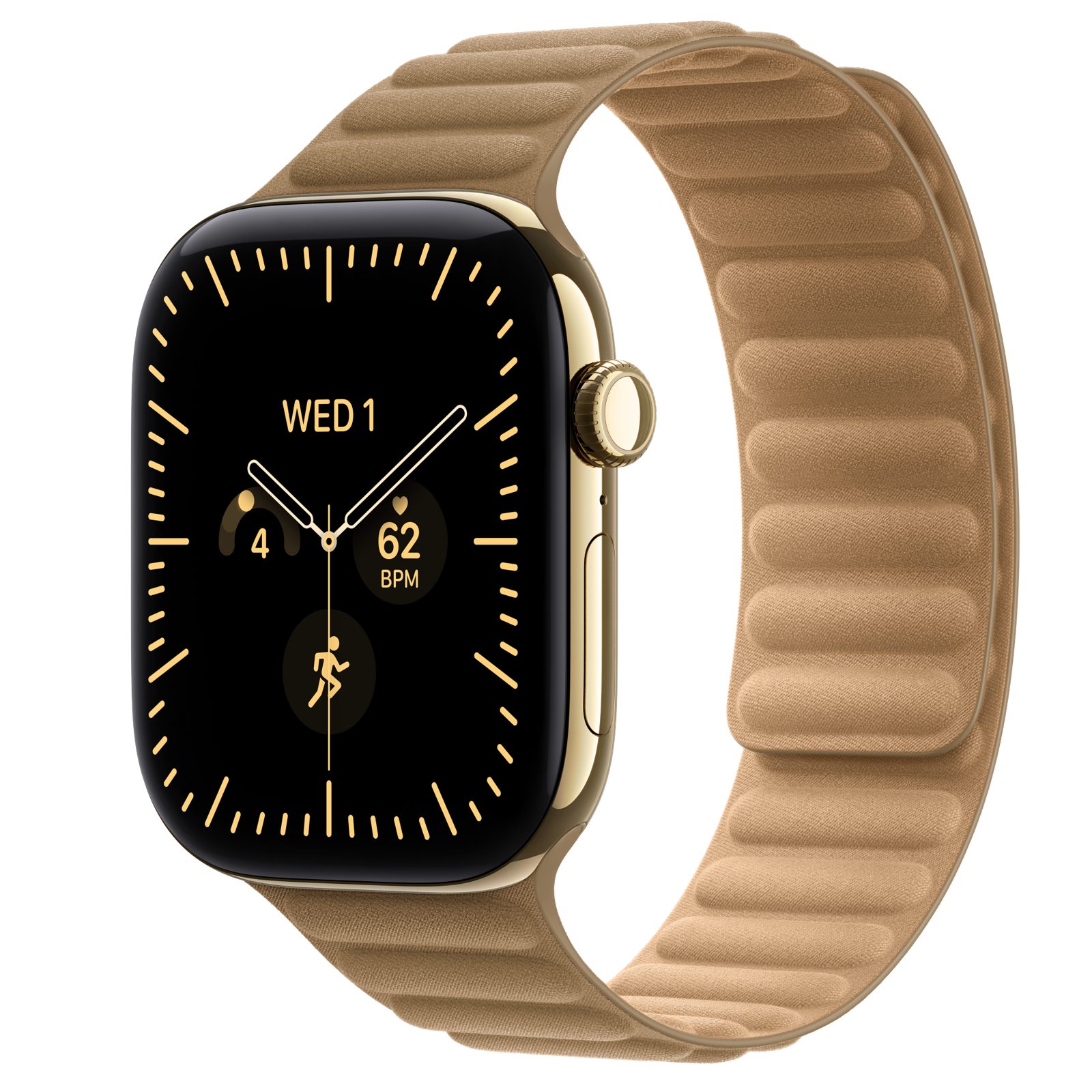 Apple Watch Series 12 (GPS + Cellular) • Titanboett skinande guld, 46 mm • Magnetlänk kamelbrun