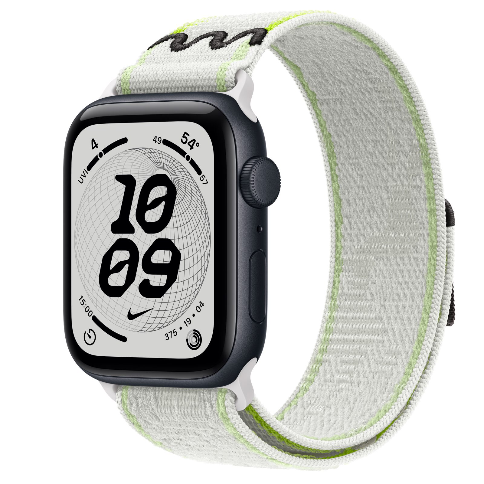 Apple Watch SE 3 (GPS) • Aluminiumboett midnatt, 44 mm • Nike-sportloop i Essential White