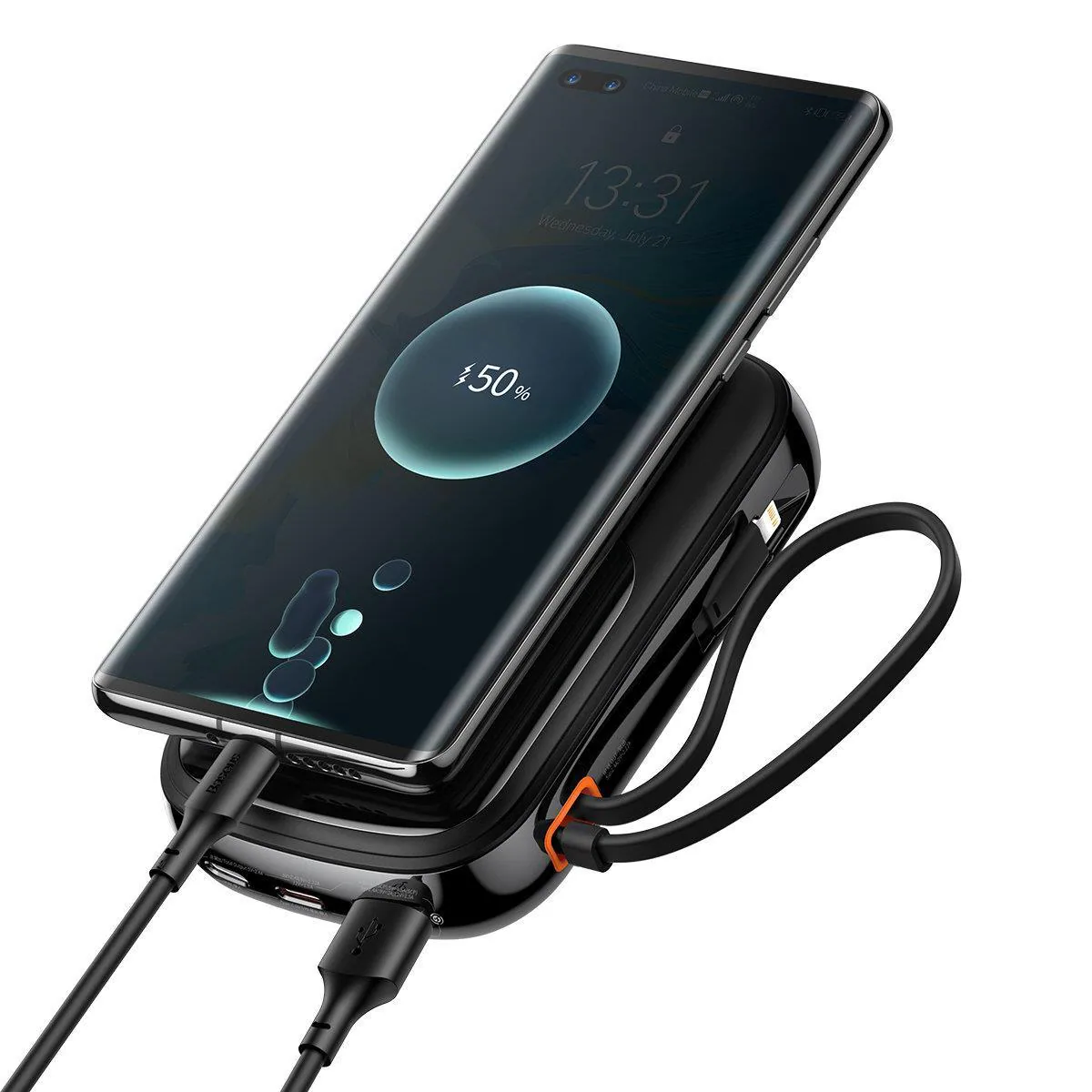 Baseus Qpow 10000mAh Powerbank med snabbladdning 22,5W QC/PD/SCP/FCP och inbyggd USB-C-kabel svart, bild 2