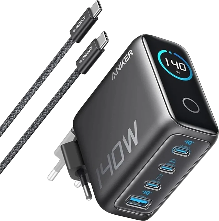 Anker 140W 4-ports GaN-laddare inklusive 240W USB-C kabel 1.5m Mörkgrå