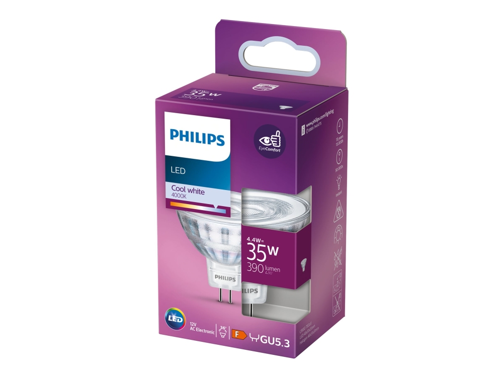 Philips - LED-spotlight - form: MR16 - GU5.3 - 4.4 W (motsvarande 35 W) - klass F - svalt vitt ljus - 4000 K