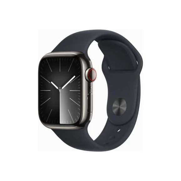 Apple Watch Series 9 GPS + Cellular 41 mm, grafit rostfritt, stålboett med, Midnatt sportband - M/L