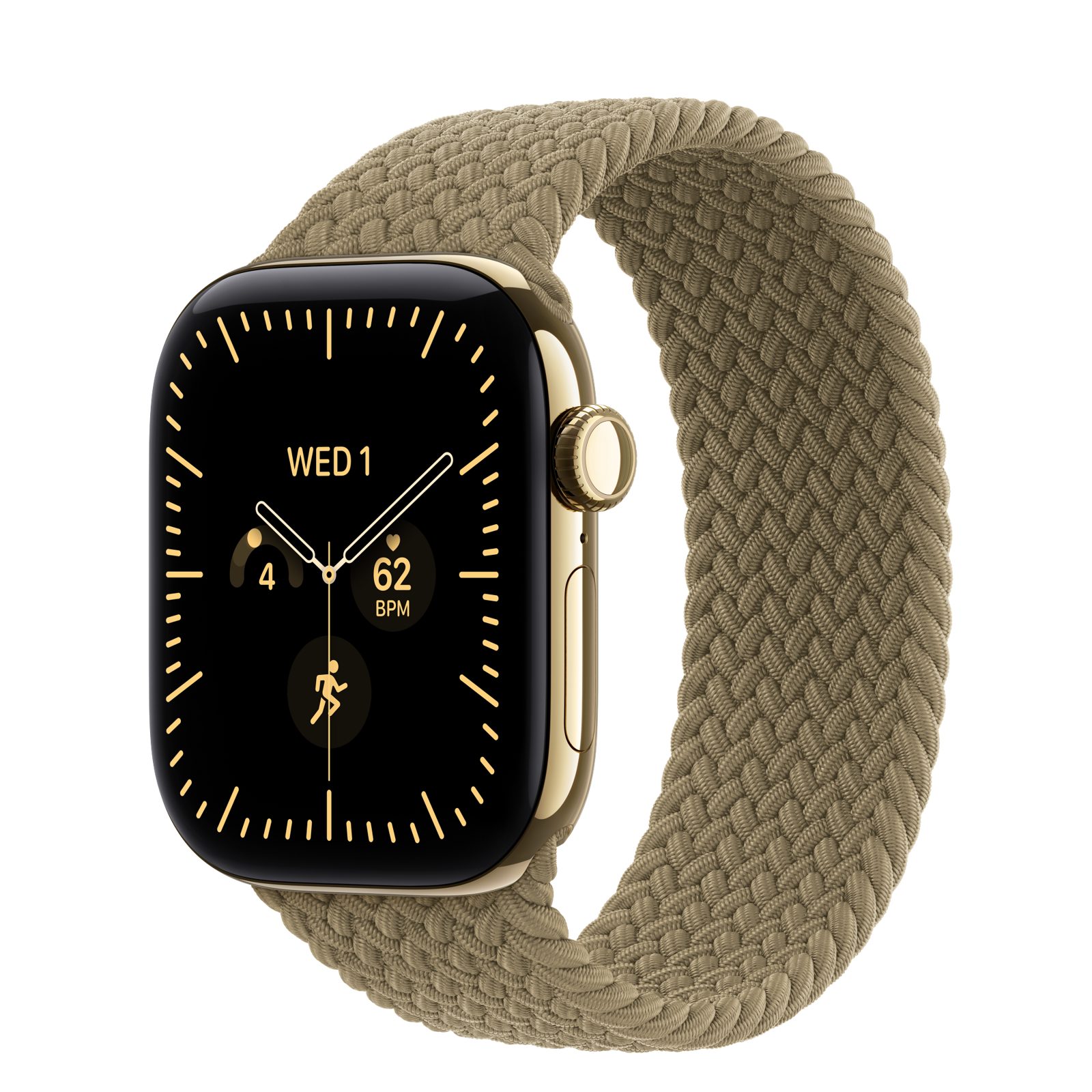 Apple Watch Series 12 (GPS + Cellular) • Titanboett skinande guld, 42 mm • Flätad sololoop oliv