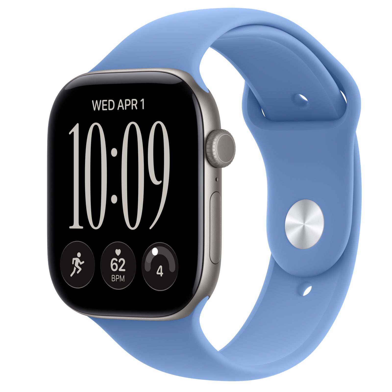 Apple Watch Series 12 (GPS) • Aluminiumboett rymdgrå, 46 mm • Sportband ängsblå