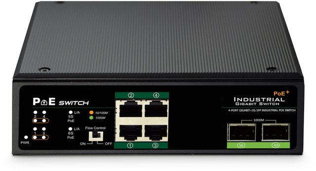 Digitus DN-651109 Industrial, 4-Port Gigabit, PoE (802.3af/at), 2xSFP, DIN-montering, bild 2