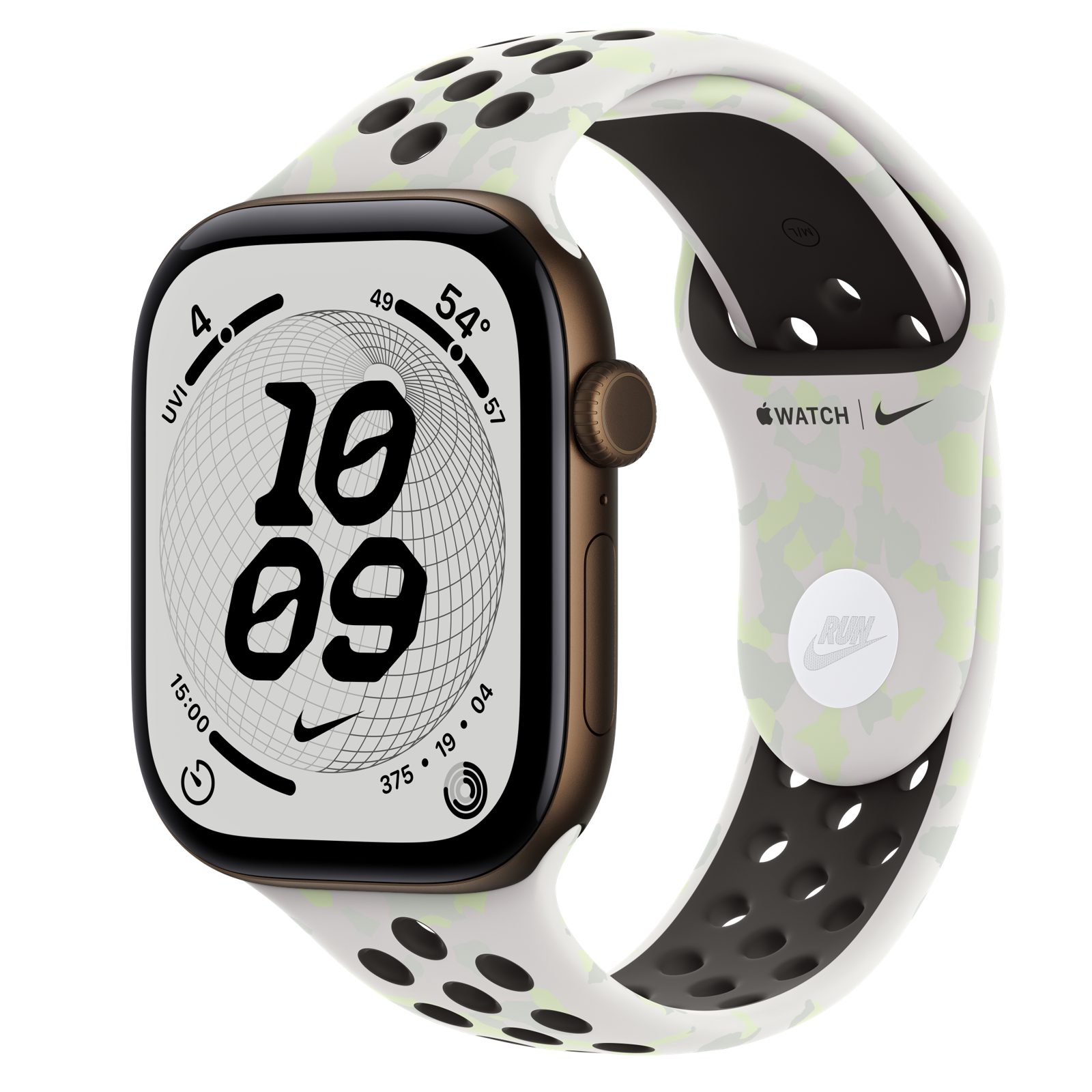Apple Watch Series 12 (GPS + Cellular) • Aluminiumboett mörk brons, 46 mm • Nike-sportband i Essential White