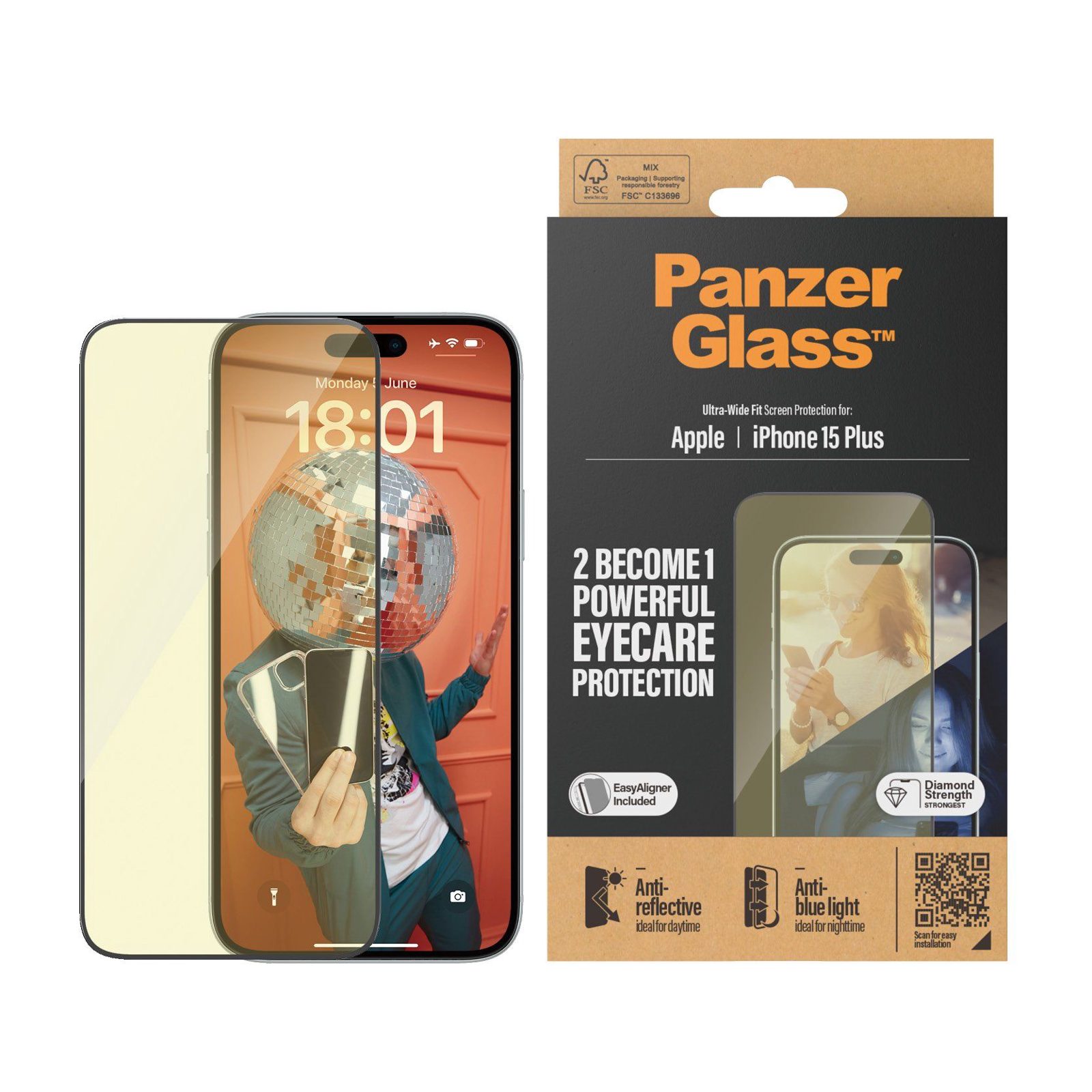 PanzerGlass™ | Ultra-Wide Fit - Skärmskydd för mobiltelefon - EyeCare Protection | Apple iPhone 15 Plus