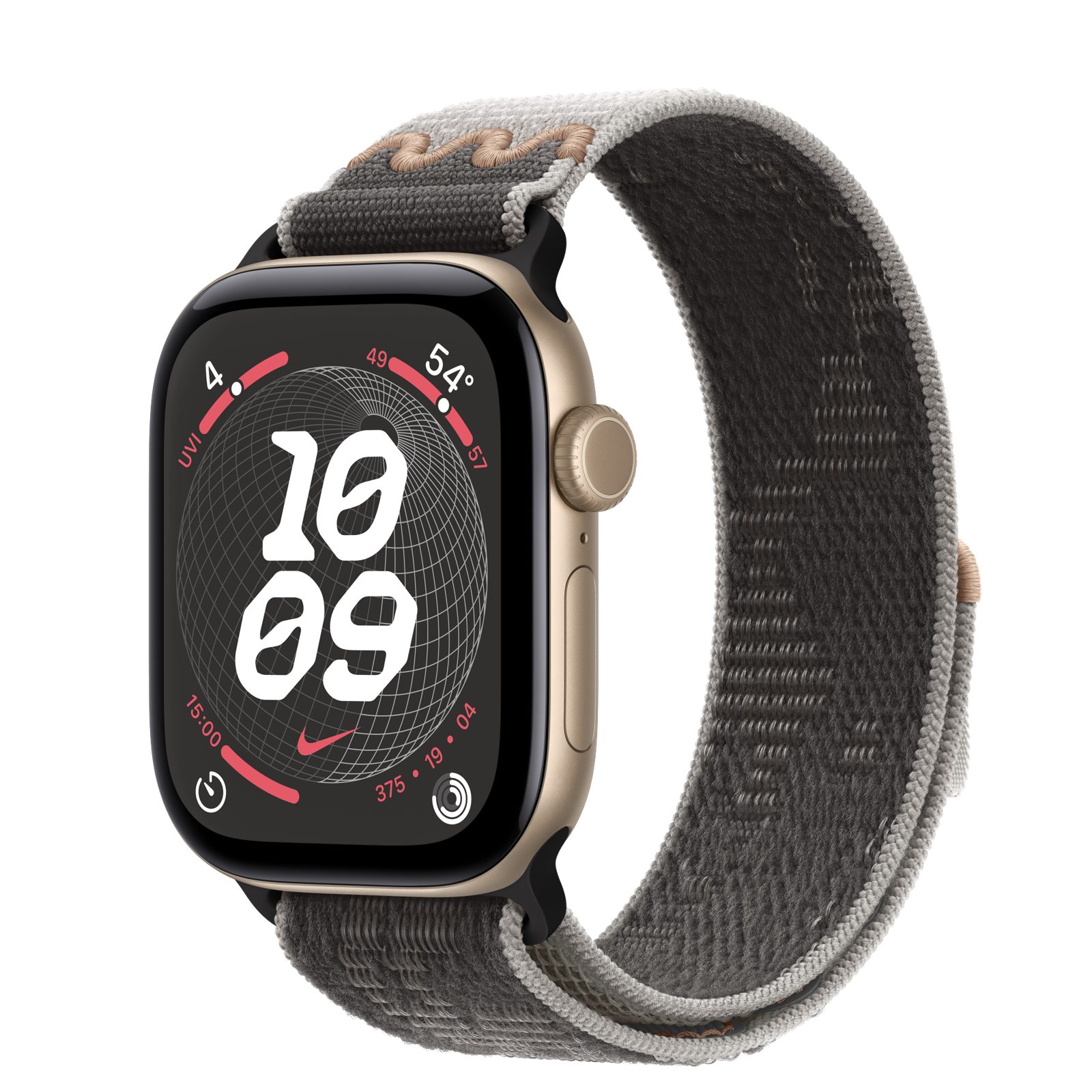 Apple Watch Series 12 (GPS + Cellular) • Aluminiumboett ljust guld, 42 mm • Nike-sportloop i Pavement Grey