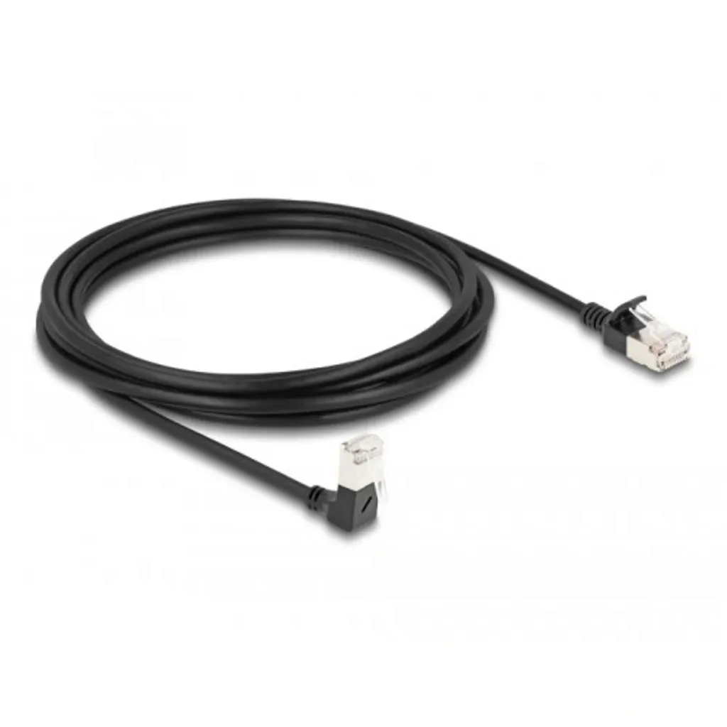Delock RJ45 nätverkskabel Cat.6A, rak/90° vinklad nedåt, 3 m – svart