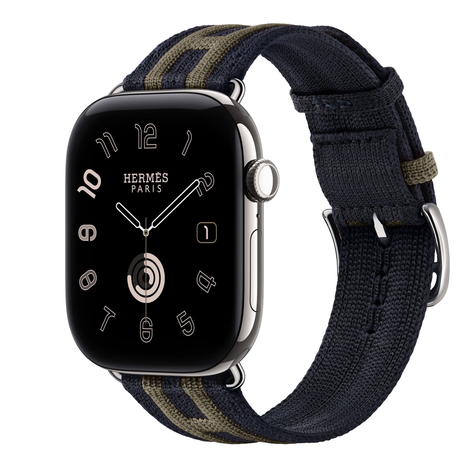 Apple Watch Hermès Series 12 (GPS + Cellular) • Titanboett silver, 46 mm • Rocabar Club i Bleu Nuit/Gris Titane