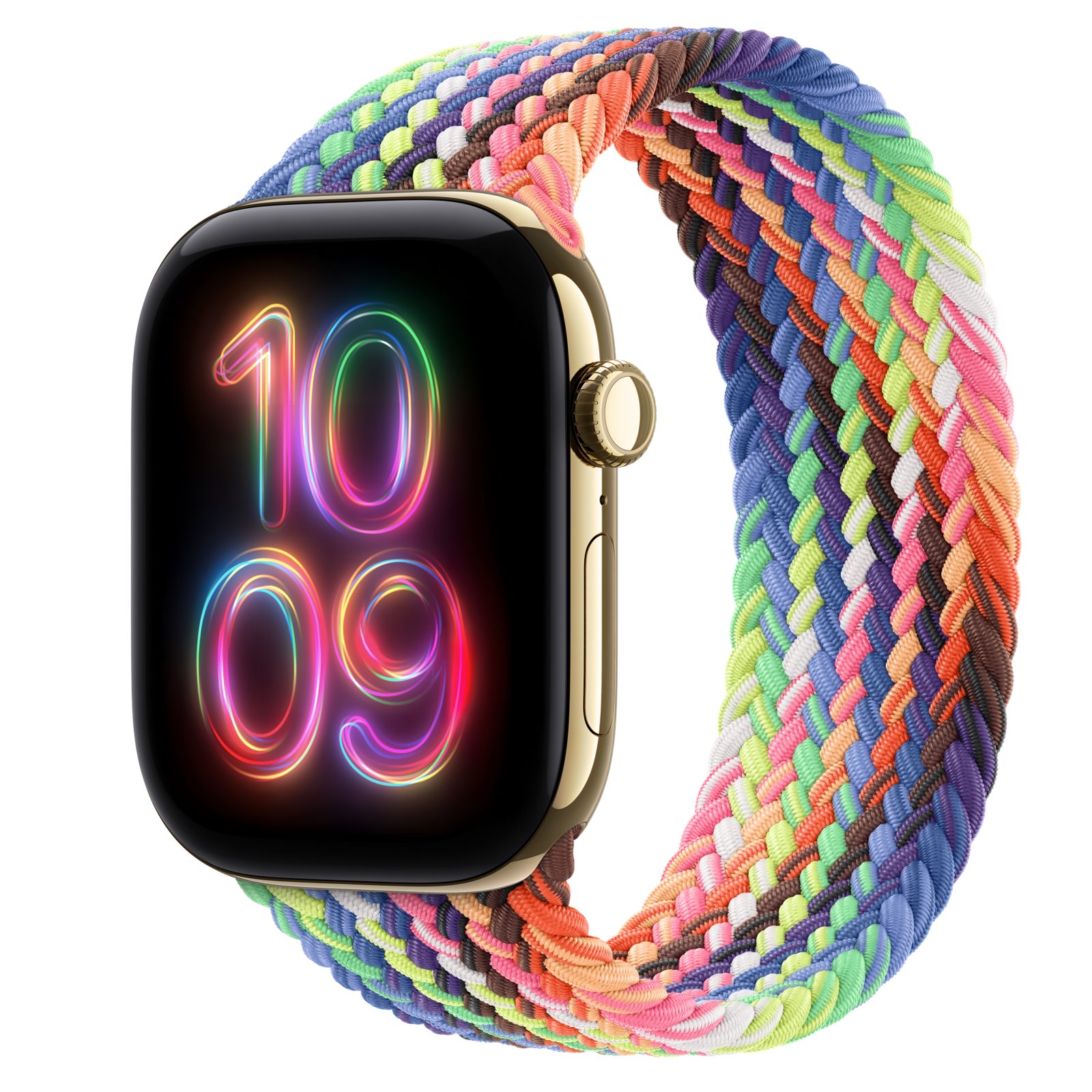 Apple Watch Series 12 (GPS + Cellular) • Titanboett skinande guld, 46 mm • Flätad sololoop Pride Edition