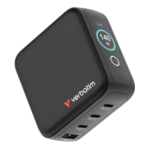 AC-adapter Verbatim Mini GaN Charger 140W with Display, 3xUSB-C / 1xUSB-A, inkl. reseadapter EU/UK/US