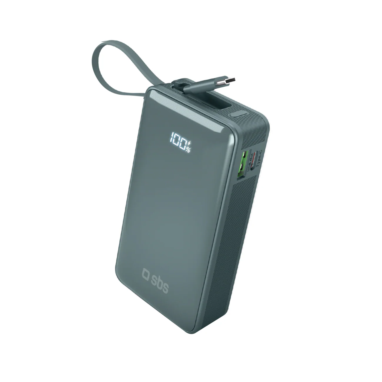 Powerbank SBS 10000 mAh 20W med inbyggd USB-C-kabel och digital display - grå