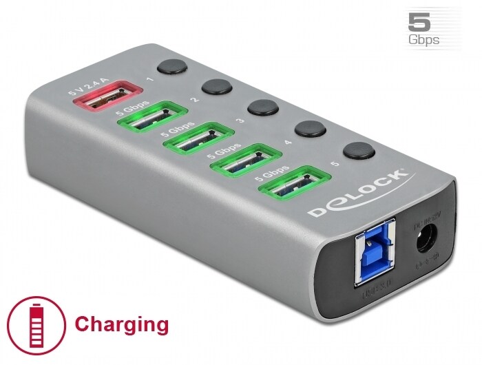 Delock USB-A-hubb med 5x USB-A-portar, 5 Gbps-hubb med switch och belysning