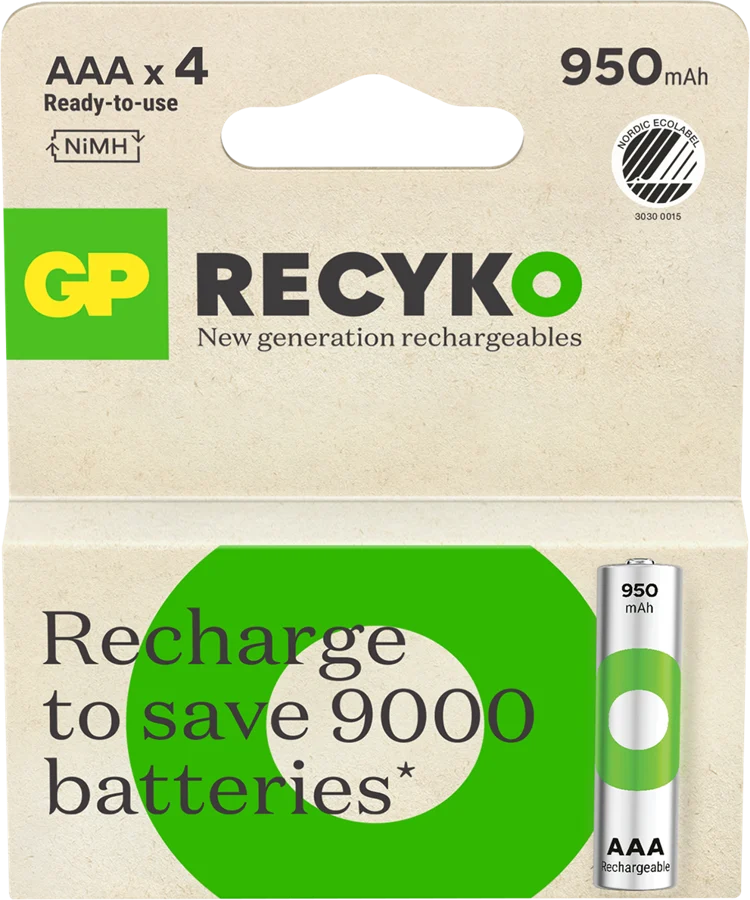 GP ReCyko Rechargeable Battery, Size AAA, 950 mAh, 4-pack