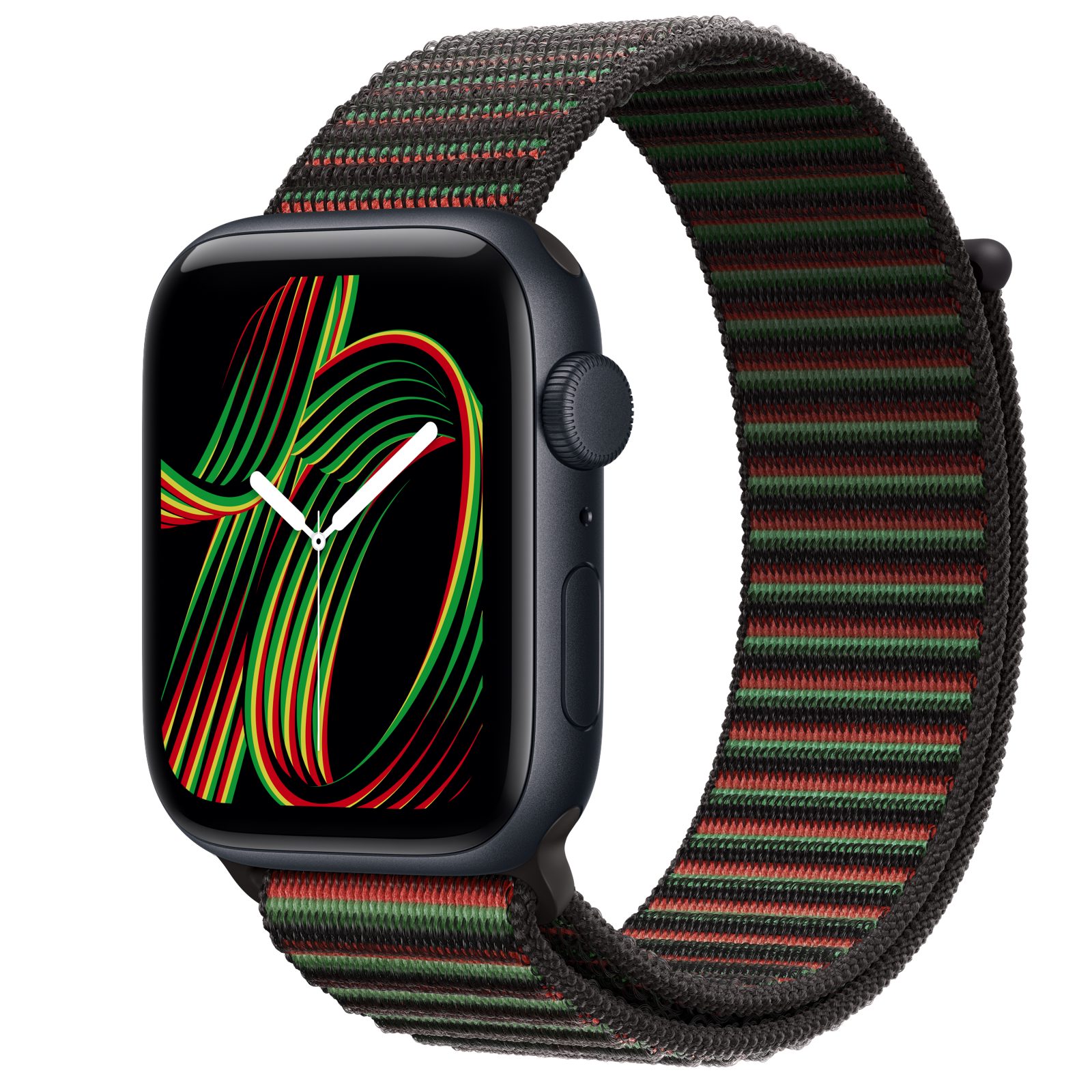 Apple Watch SE 3 (GPS) • Aluminiumboett midnatt, 44 mm • Sportloop Black Unity – Unity Rhythm