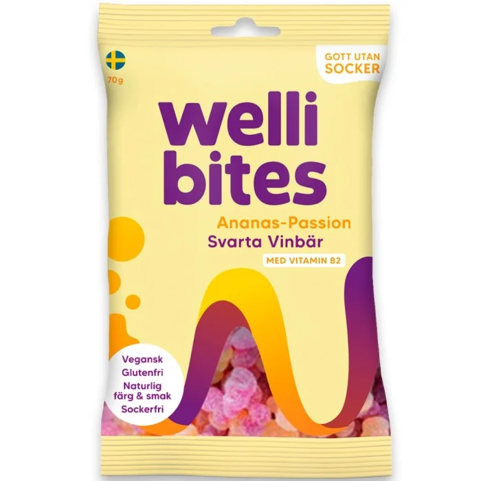Wellibites Ananas-Passion & Svarta Vinbär, 70 g