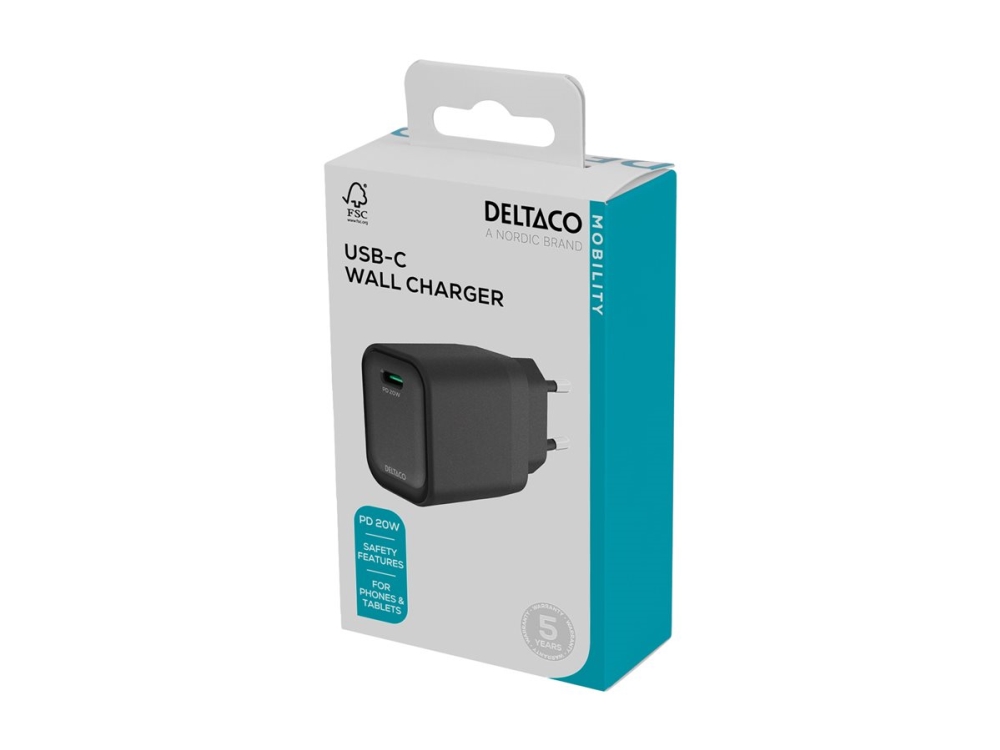 Deltaco 20W USB-C Väggladdare - Svart, bild 3