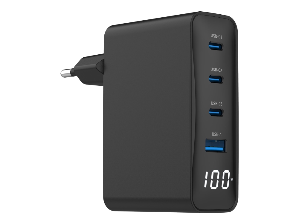 Gembird TA-UC-PDQC100LCD-01-BK USB-laddare 100 W GaN 4-port LCD, svart