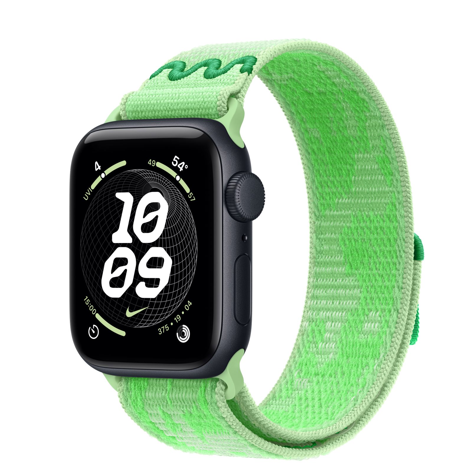 Apple Watch SE 3 (GPS) • Aluminiumboett midnatt, 40 mm • Nike-sportloop i Green Spark