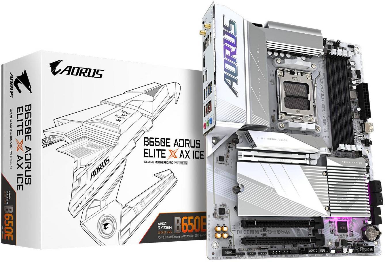 Gigabyte B650E AORUS ELITE X ICE, AMD AM5, PCI Express, ATX, 4xDDR5, 3xM.2 + SATA3 RAID, 2xHDMI/USB-C, 2.5GbE LAN, WiFi 6E, Bluetooth 5.3, RGB Fusion, bild 3