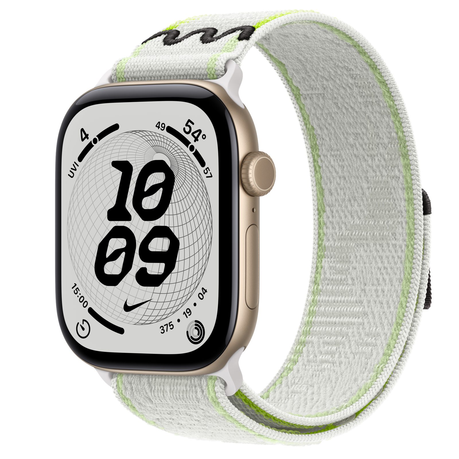 Apple Watch Series 12 (GPS) • Aluminiumboett ljust guld, 46 mm • Nike-sportloop i Essential White