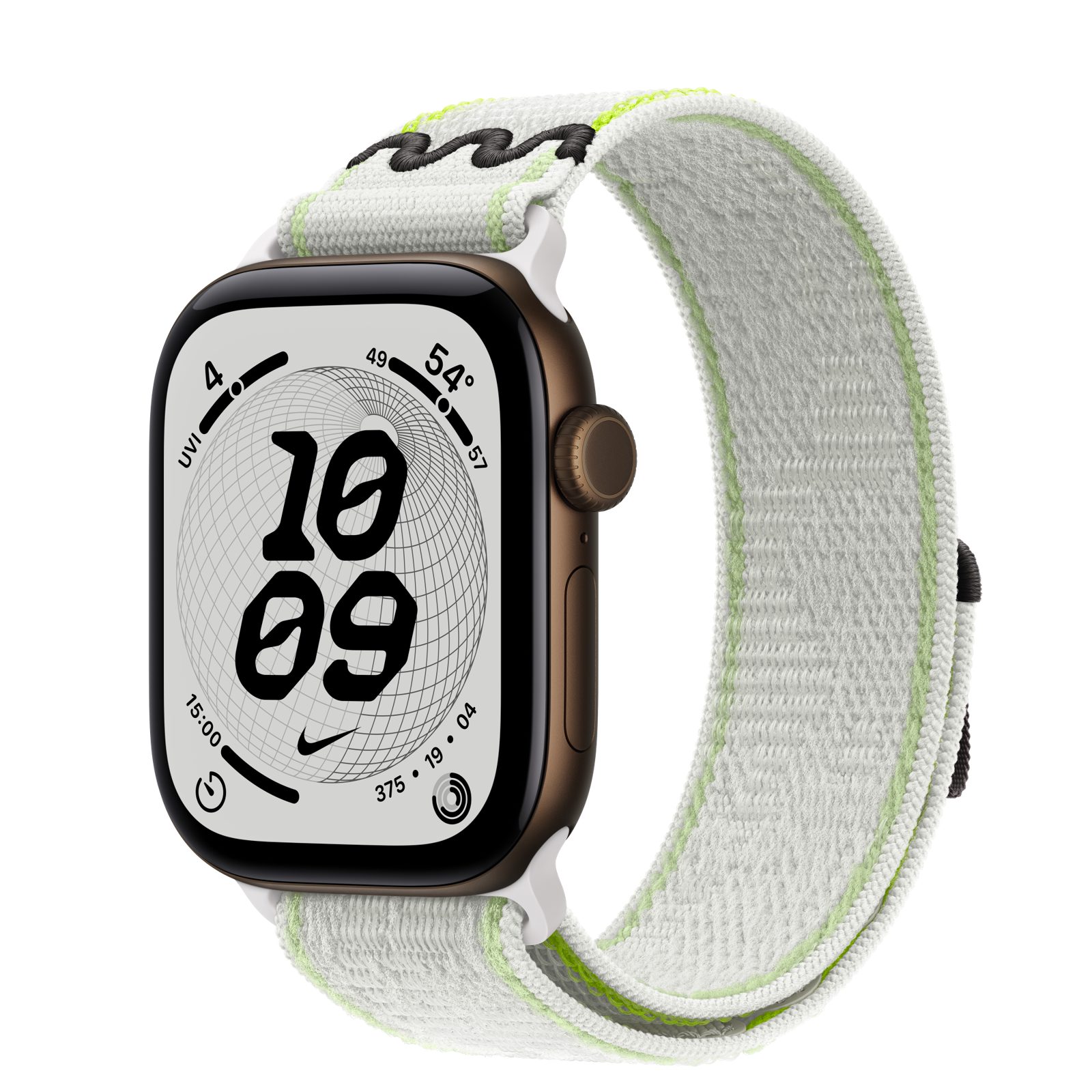 Apple Watch Series 12 (GPS) • Aluminiumboett mörk brons, 42 mm • Nike-sportloop i Essential White