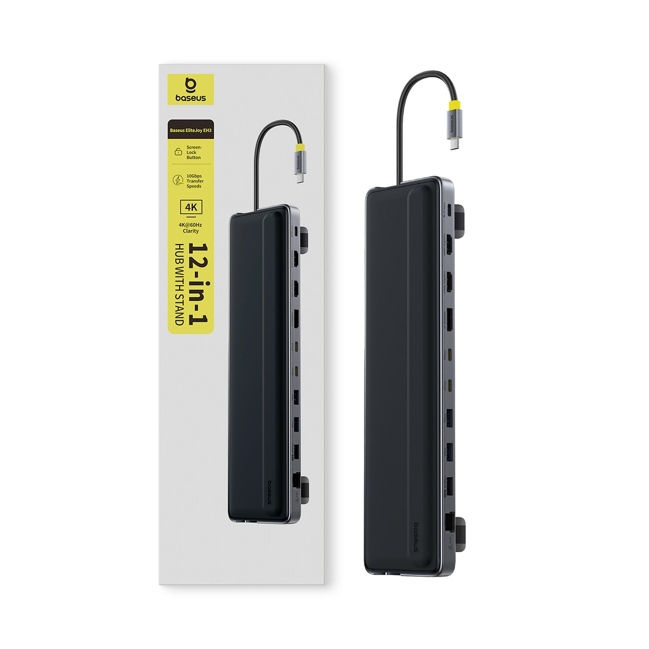 Baseus EliteJoy EH3 hubb, 12-i-1 USB-C docka – 2xHDMI/DP 4K@60, SD/microSD, RJ45, PD, grå, bild 4