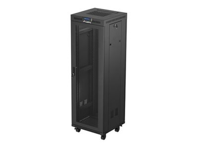 Lanberg FF01 series - Rack skåp - 600 x 600, platt paket, med nät dörr, LCD - med LCD-skärm, termostat, 2 kylfläktar - fristående, golvstående - svart, RAL 9004 - 37U - 19