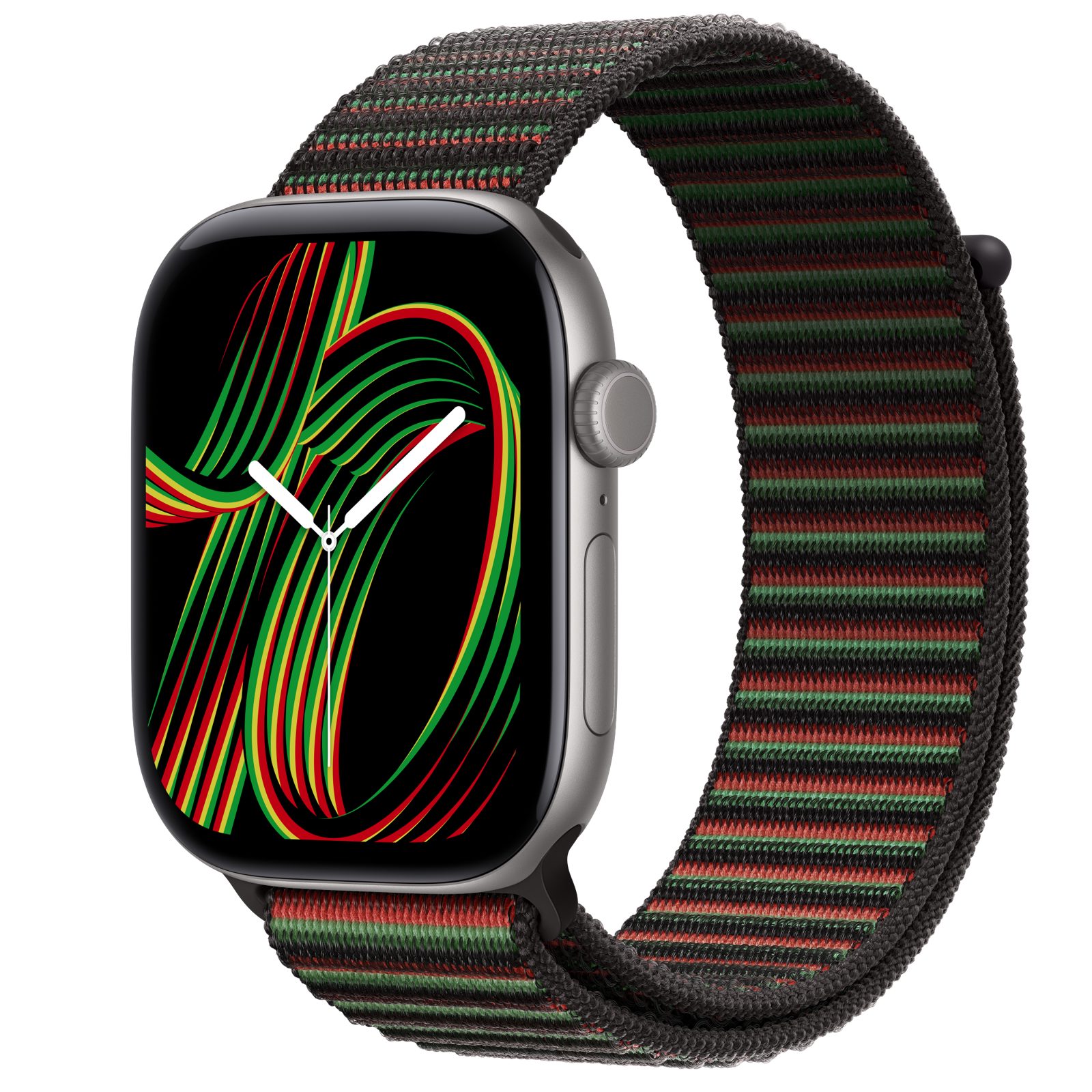 Apple Watch Series 12 (GPS + Cellular) • Aluminiumboett rymdgrå, 46 mm • Sportloop Black Unity – Unity Rhythm