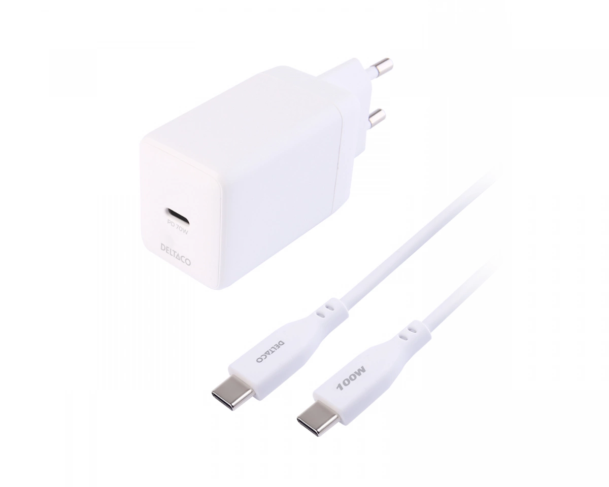 Deltaco USB-C GaN-väggladdare 70 W - 1,8 m - Vit