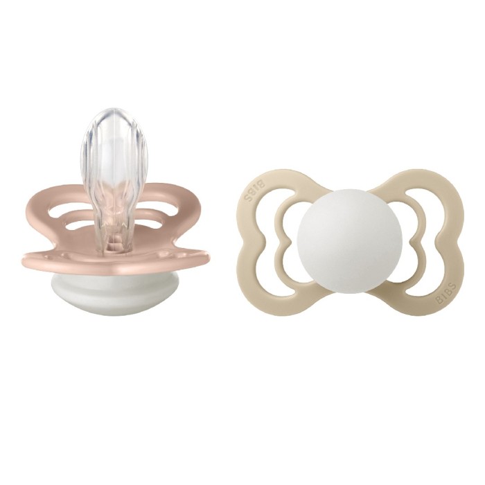 BIBS Pacifier Supreme 2 PACK Silicone Size 2 Blush GLOW/Vanilla GLOW