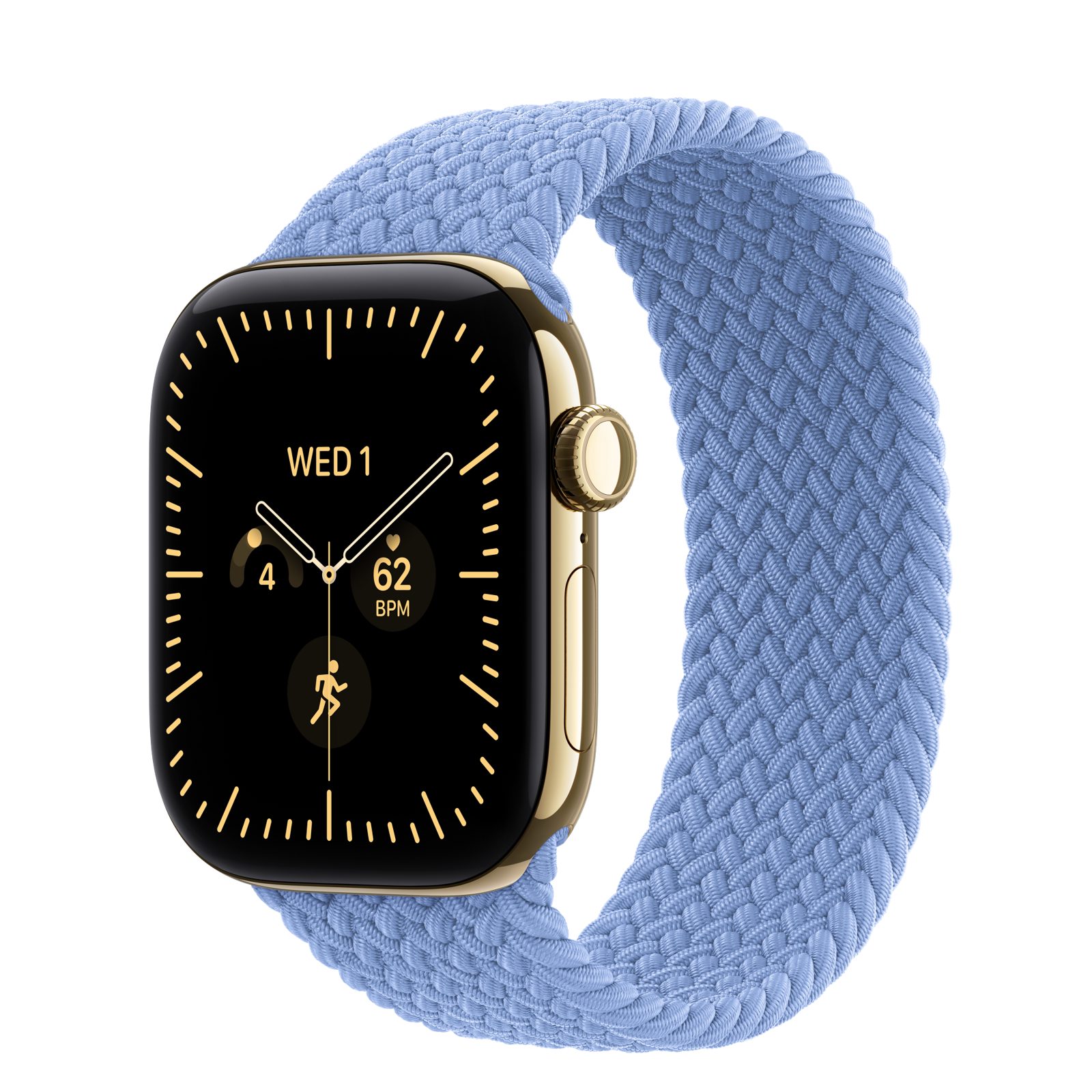 Apple Watch Series 12 (GPS + Cellular) • Titanboett skinande guld, 42 mm • Flätad sololoop ängsblå