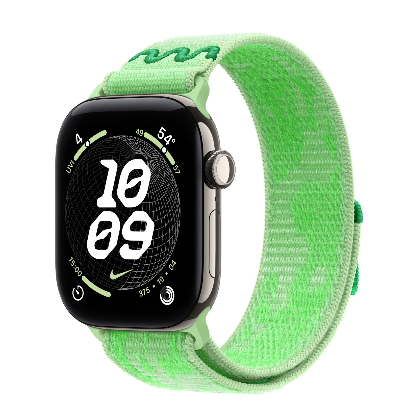 Apple Watch Series 12 (GPS + Cellular) • Titanboett naturlig, 42 mm • Nike-sportloop i Green Spark