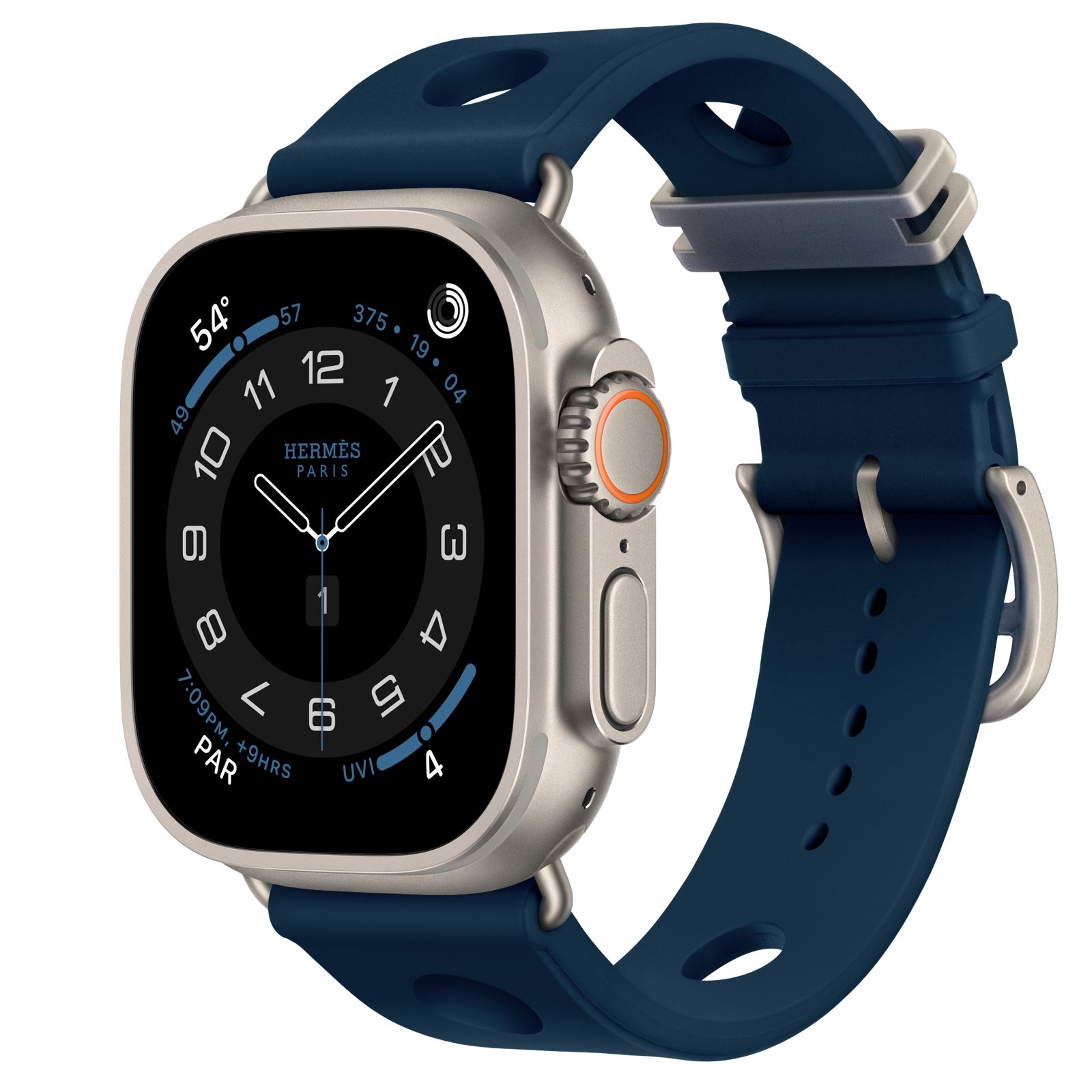 Apple Watch Hermès Ultra 4 (GPS + Cellular) • Titanboett naturlig, 49 mm • Scub’H Diving i Bleu De Malte